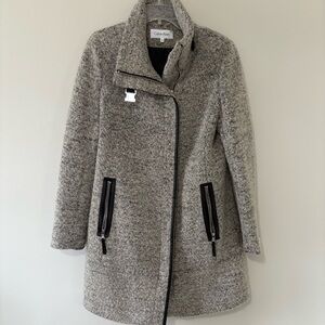 Calvin Klein Faux-Leather-Trim Bouclé Asymmetric Wool Blend Coat M